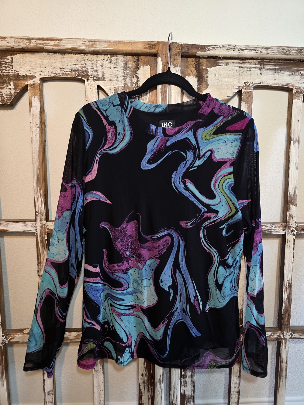 I.N.C. International Concepts Abstract Mesh Top Black Multicolor XL